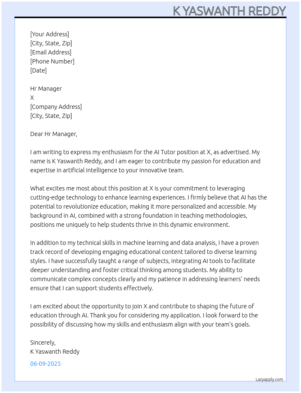 Ai Tutor At X Cover Letter