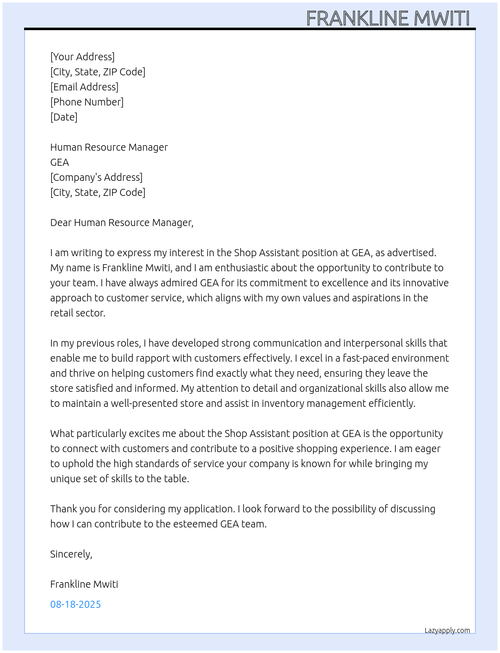 Shop assistant At GEA Cover Letter