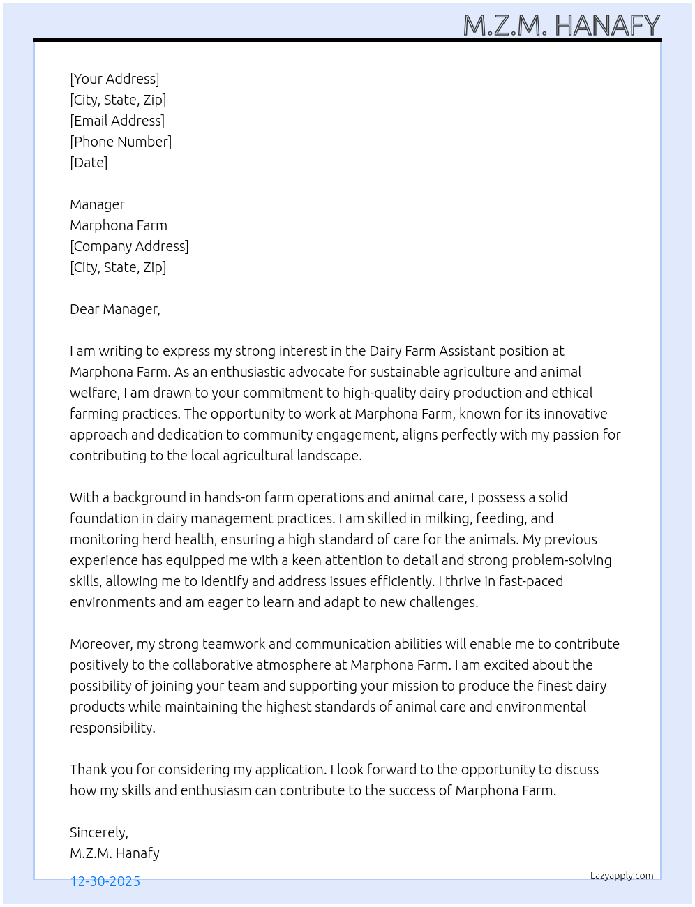 Dairy Farm Assistant At Marphona Farm Cover Letter