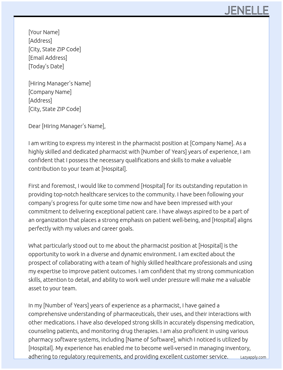 pharmacist At Hospital Cover Letter