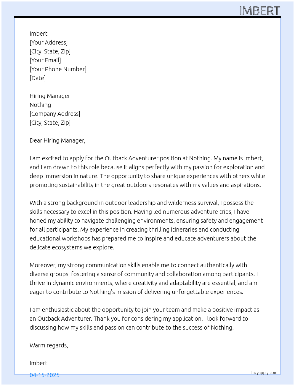Outback adventurer At Nothing Cover Letter