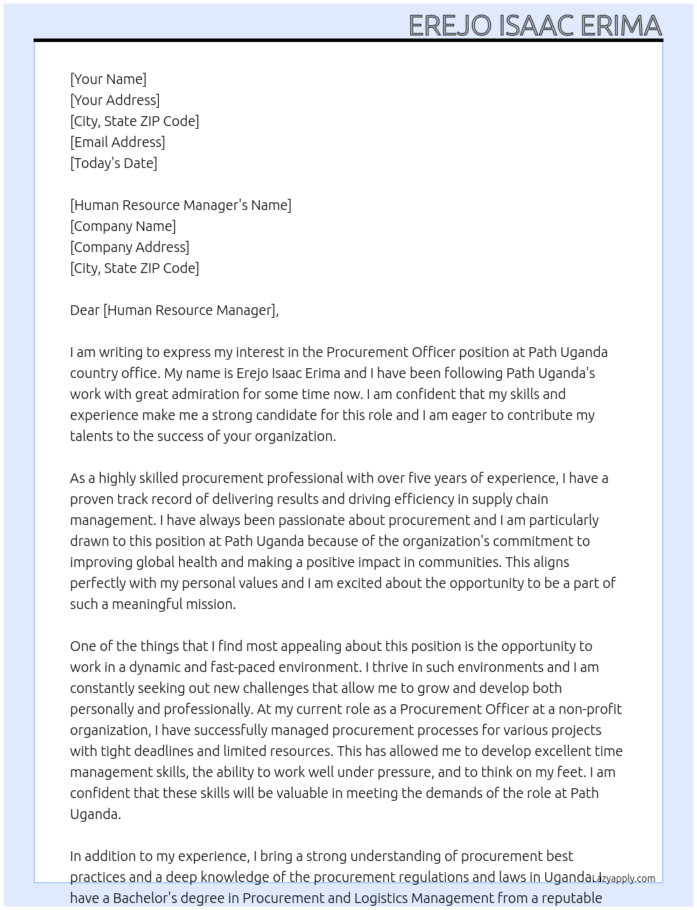 Procurement officer At Path Uganda country office Cover Letter