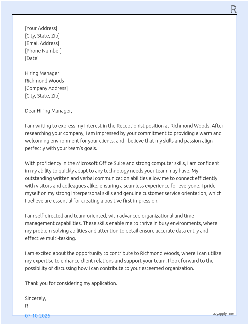 Receptionist At Richmond Woods Cover Letter