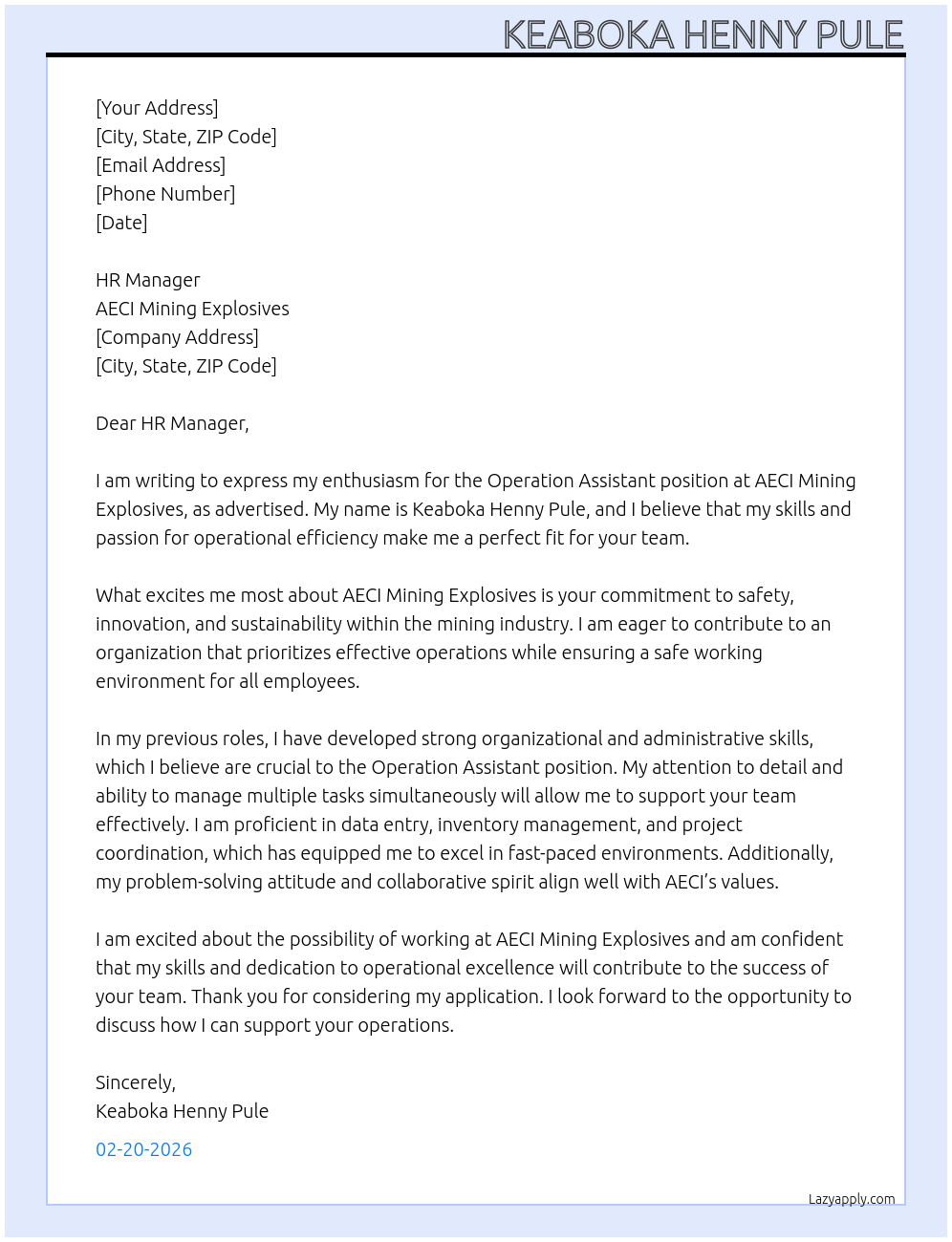 Operation Assistant  At AECI Mining Explosives  Cover Letter