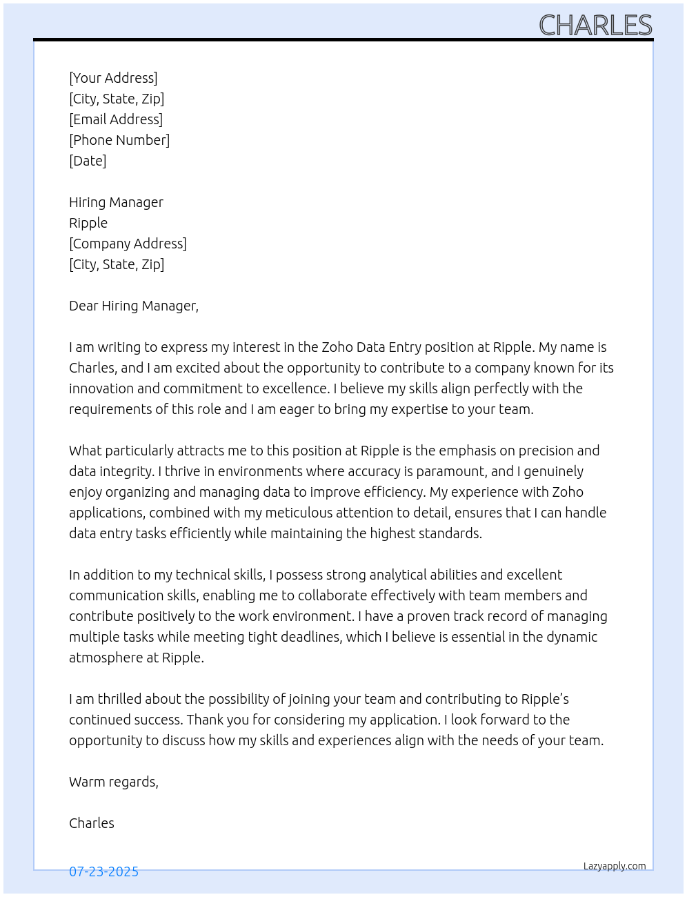 Zoho data entry At Ripple Cover Letter