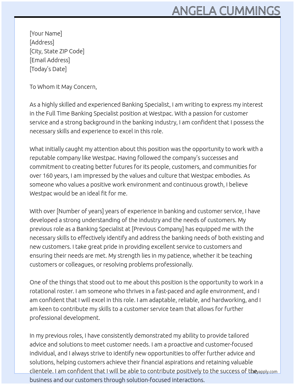 Cover letter for banking specialist - LazyApply
