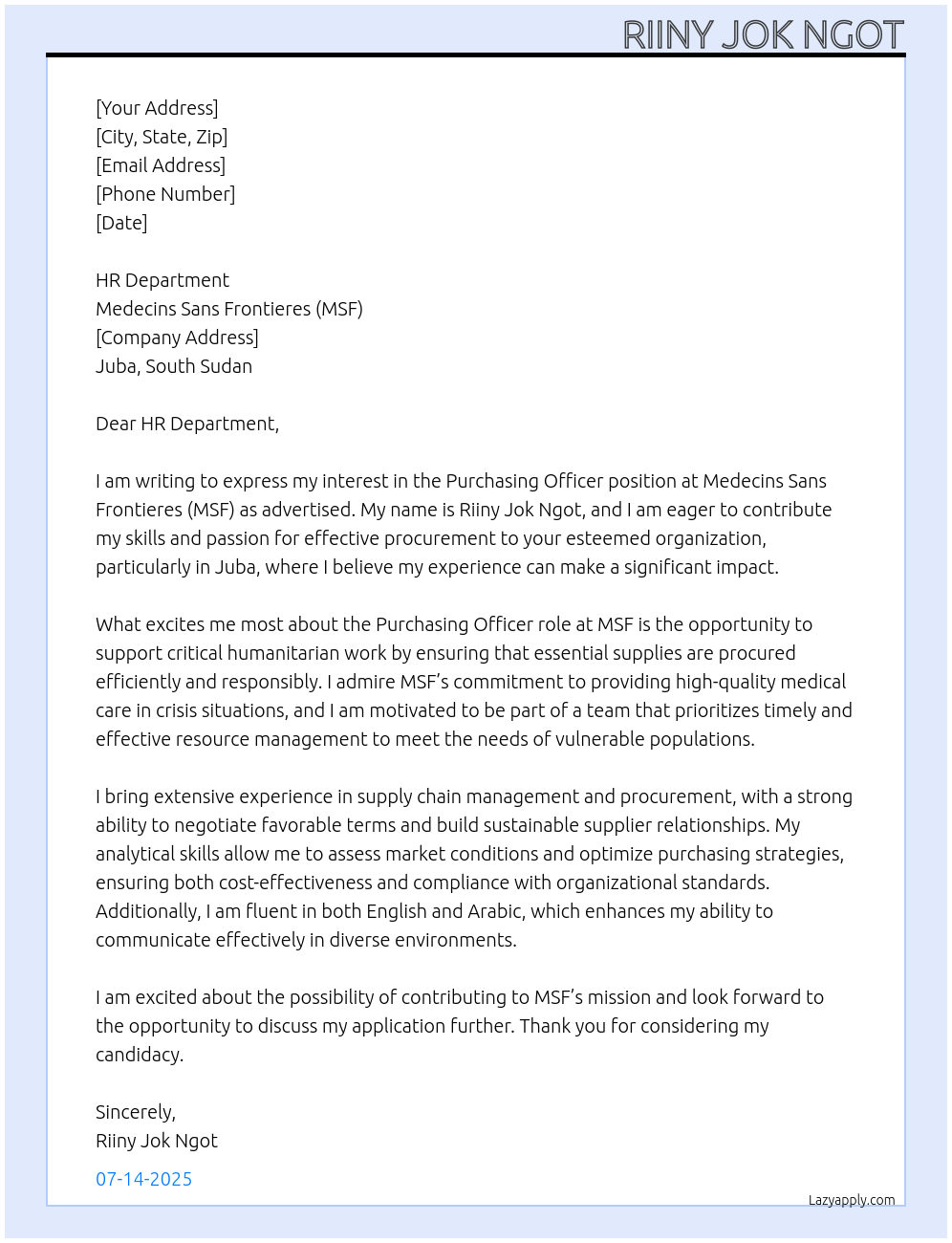 Cover letter for purchasing officer - LazyApply