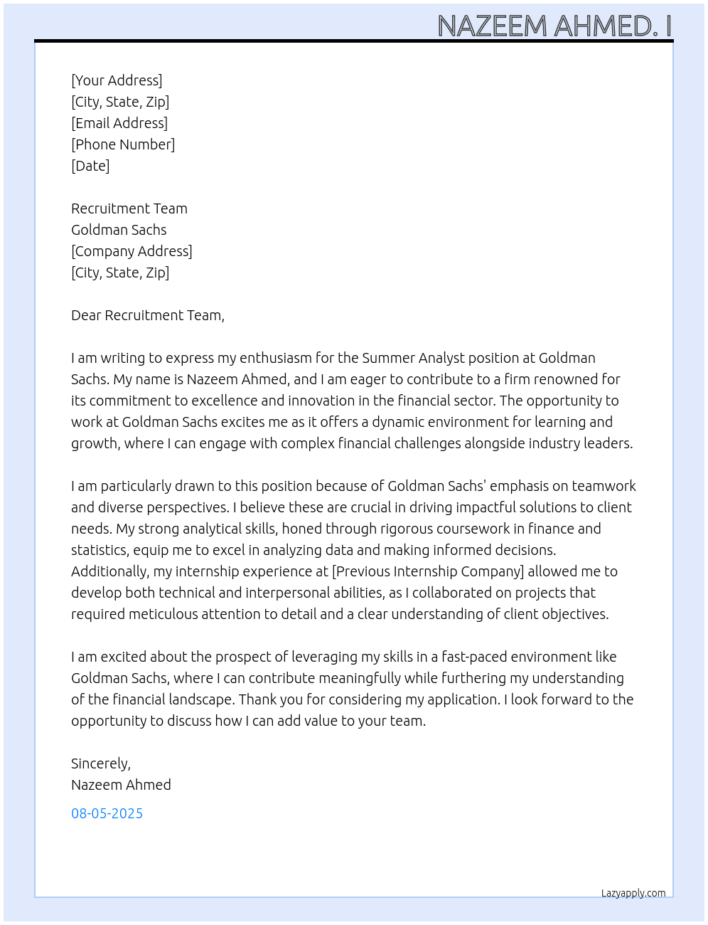 Summer analyst At Goldman Sachs Cover Letter