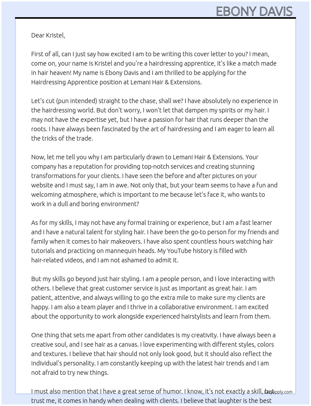Hairdressing Apprentice At Lemani Hair & Extensions Cover Letter