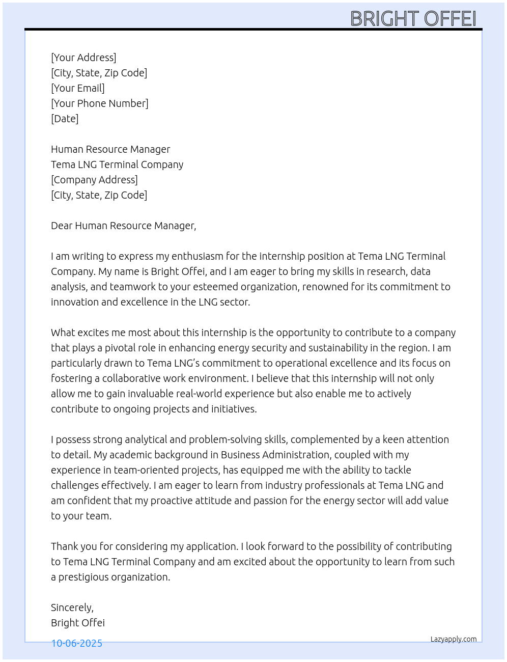 intern At Tema LNG Terminal Company Cover Letter