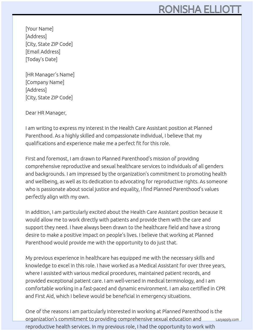 Health care assistant  At Planned Parenthood  Cover Letter