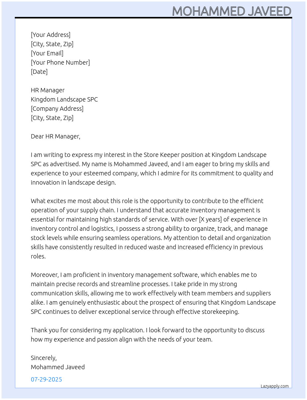 Store keeper At Kingdom landscape Spc Cover Letter