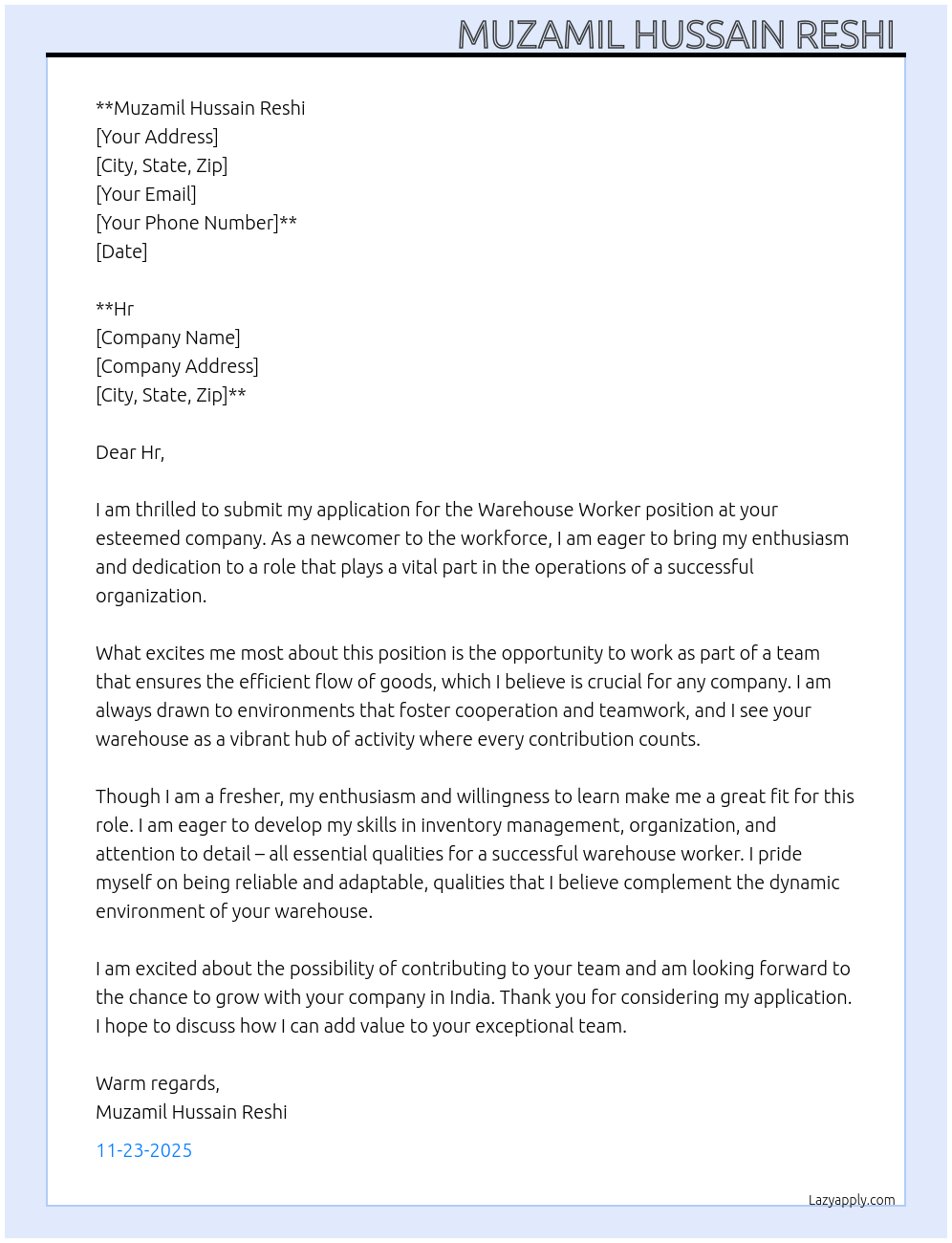 Warehouse worker At No Cover Letter