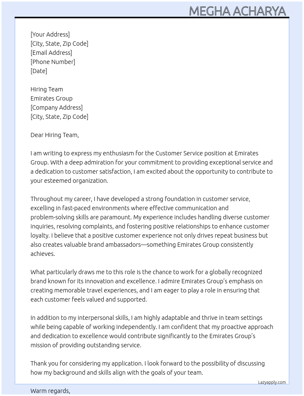 Customer service At Emirates Group Cover Letter