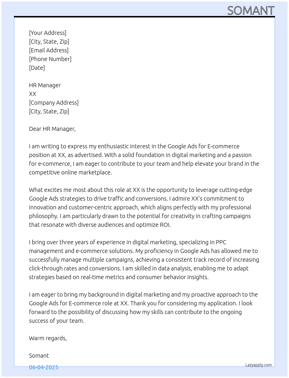 google ad for Ecommerce At xx Cover Letter