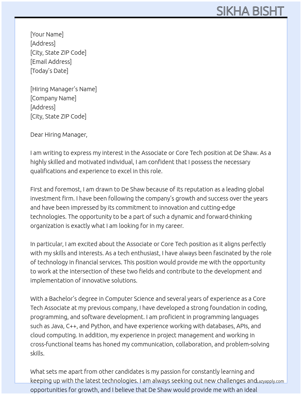 Associate or core tech At De shaw Cover Letter