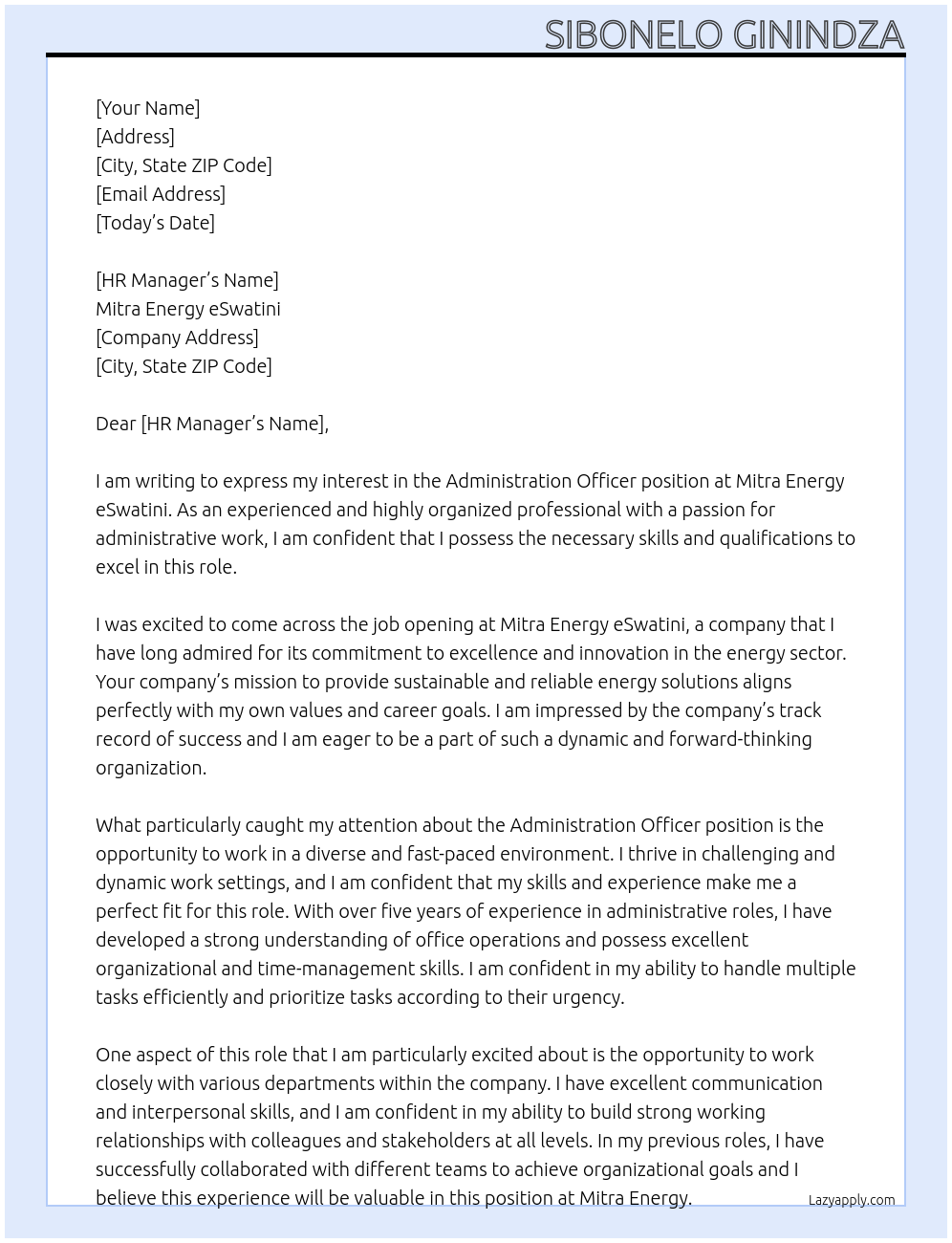 Administration Officer At Mitra Energy eSwatini Cover Letter