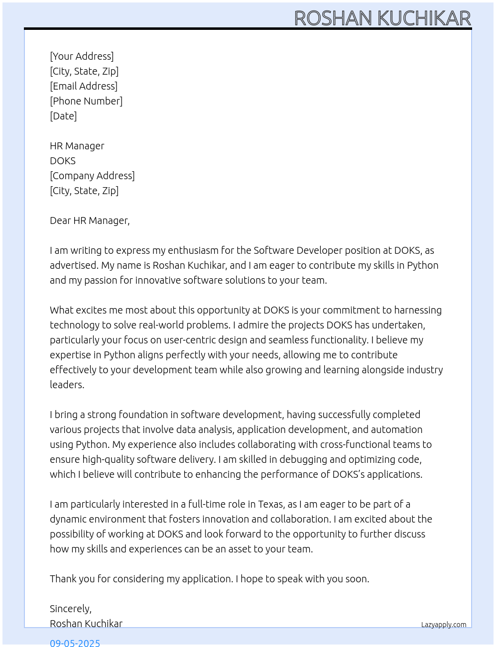 software developer At DOKS Cover Letter