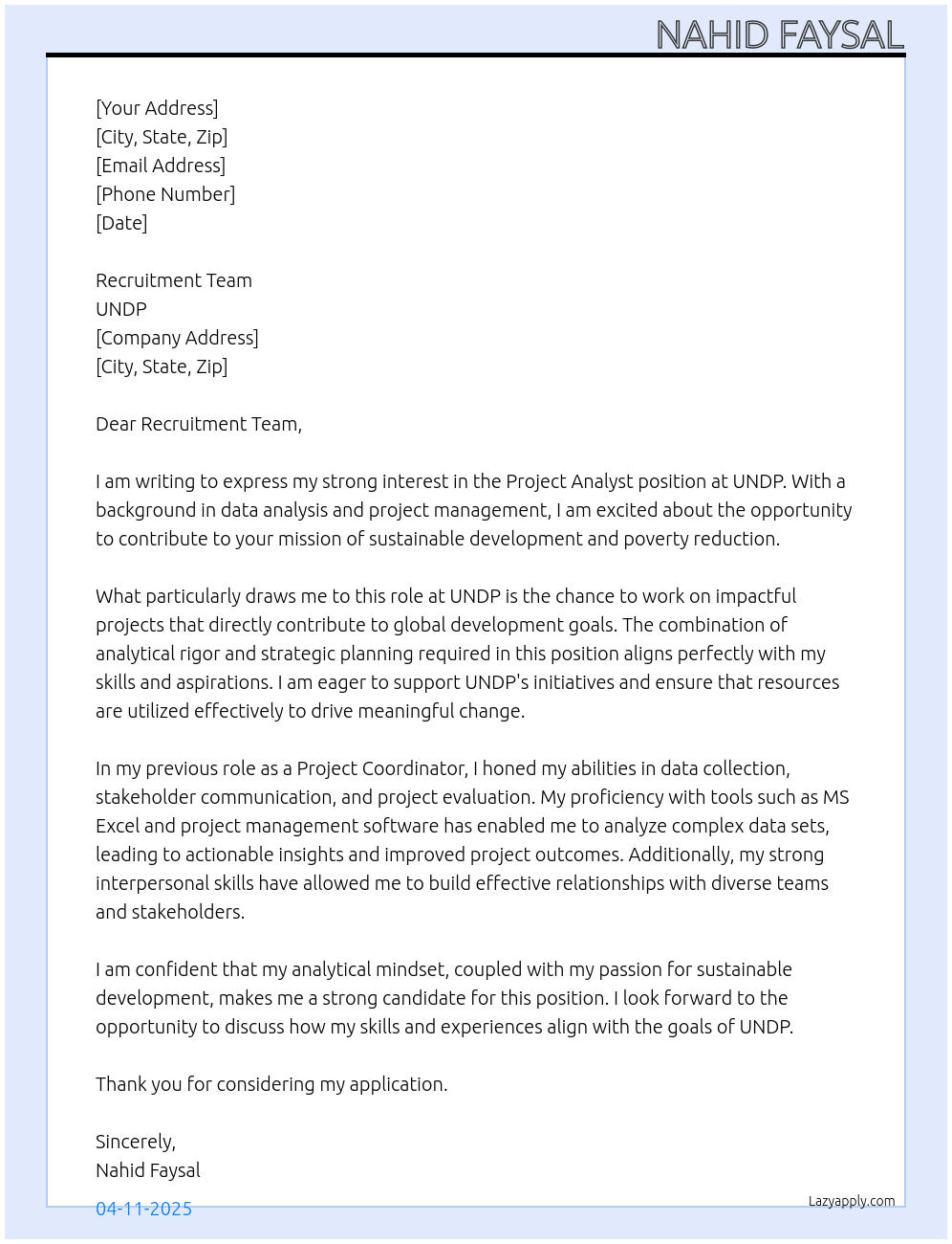 project analyst At UNDP Cover Letter