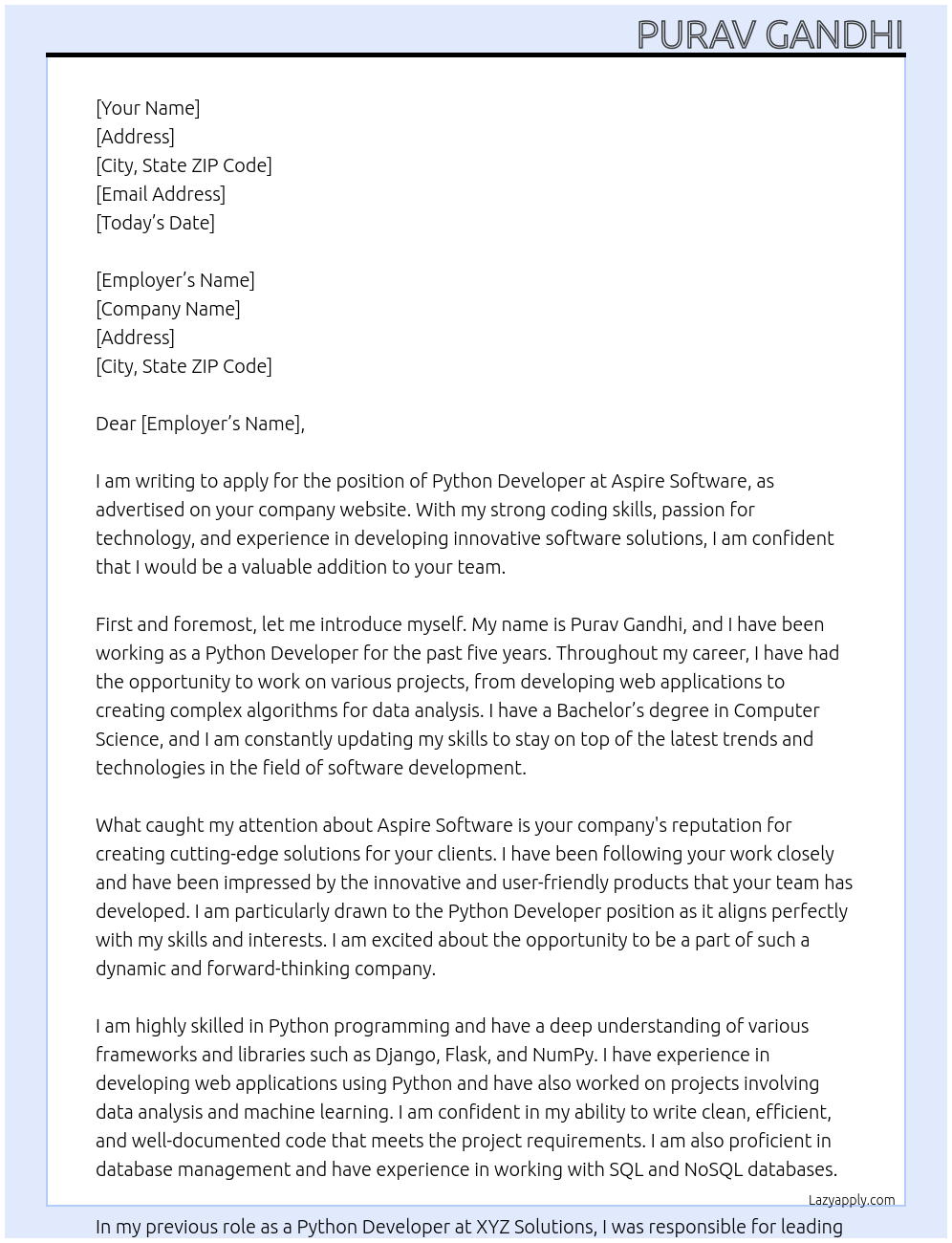 Python Developer At Aspire Software Cover Letter