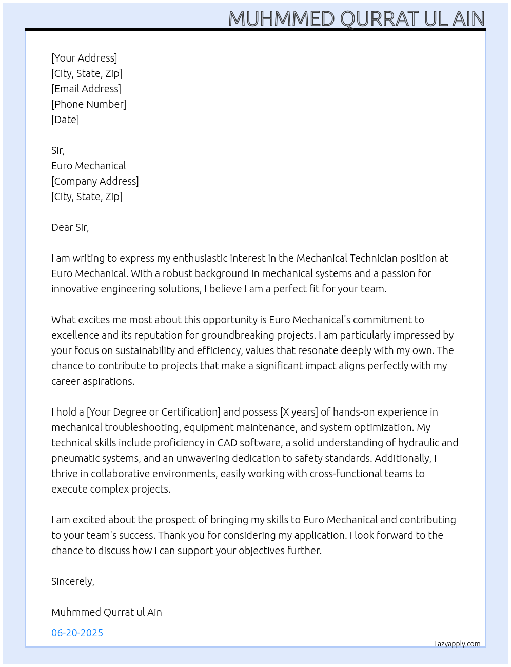 Mechanical technician At Euro mechanical Cover Letter