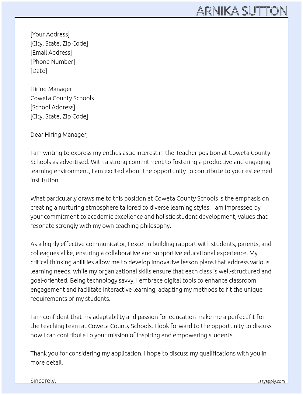 Teacher At Coweta County Schools Cover Letter