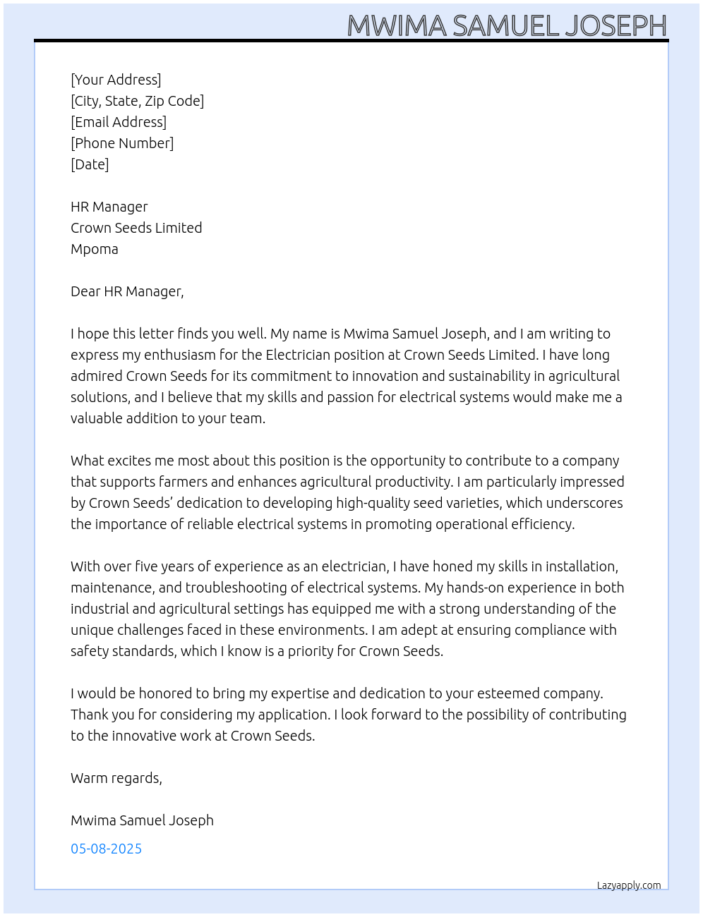 Electrician At Crown seeds Cover Letter