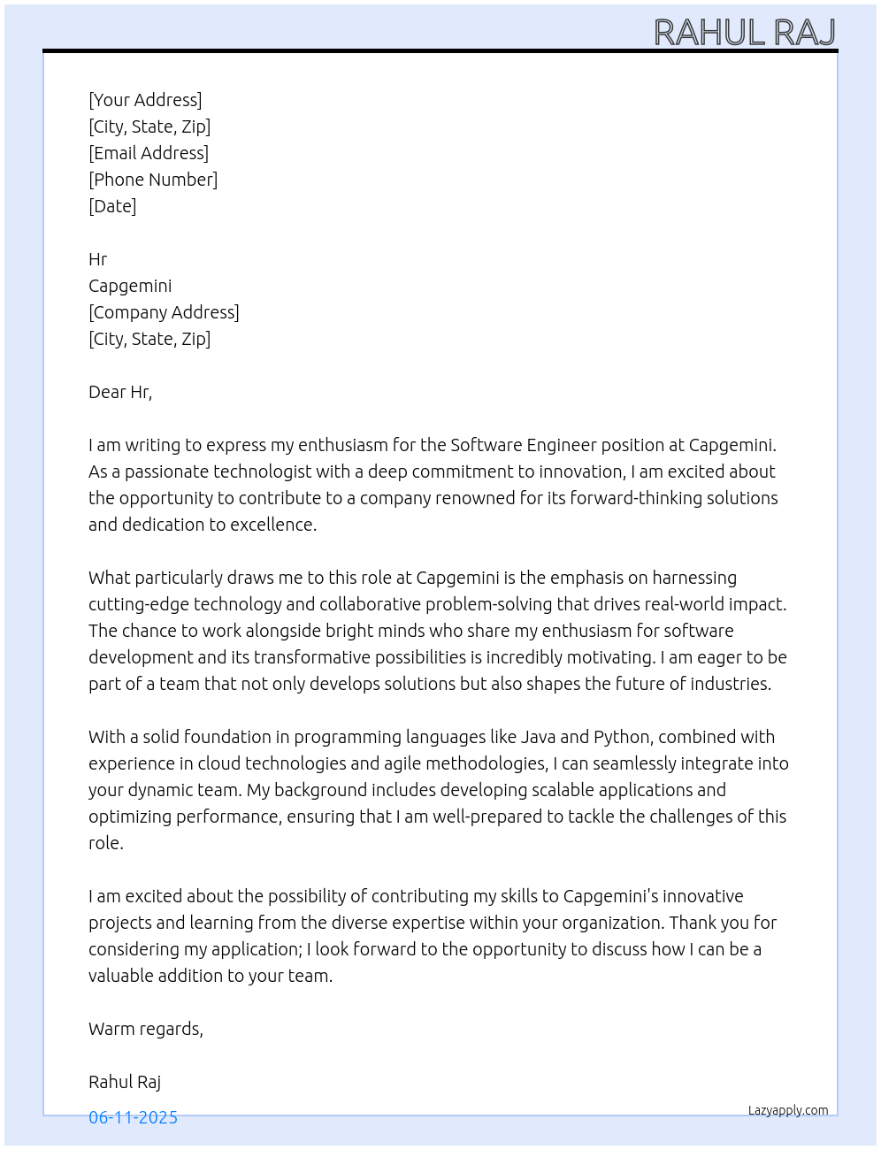 Software engineer At Capgimini Cover Letter