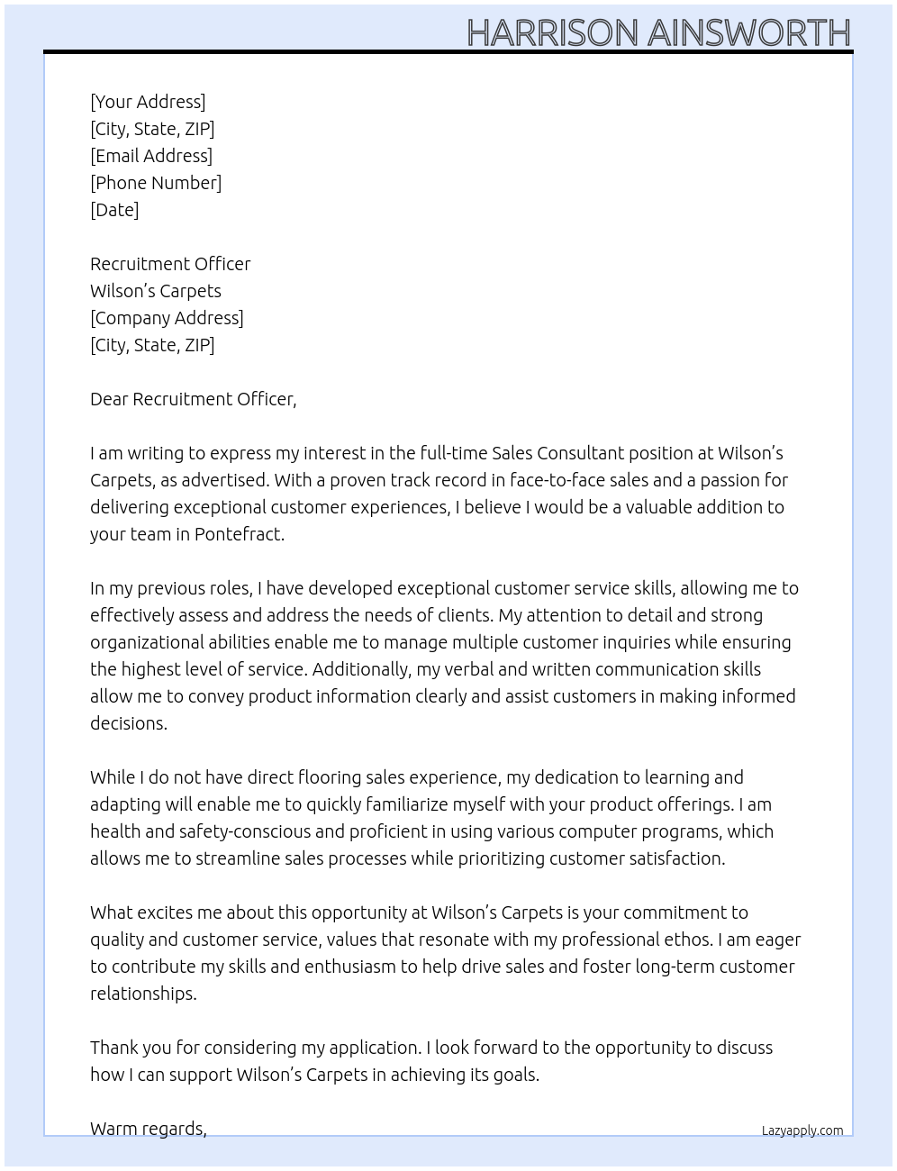 Cover letter for sales consultant - LazyApply