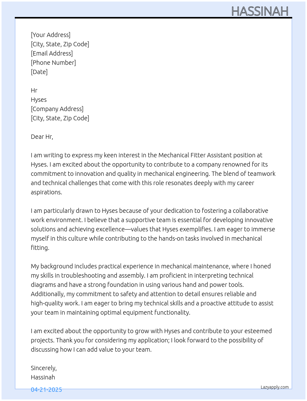 Mechanical Fitter Assistant  At Hyses Cover Letter