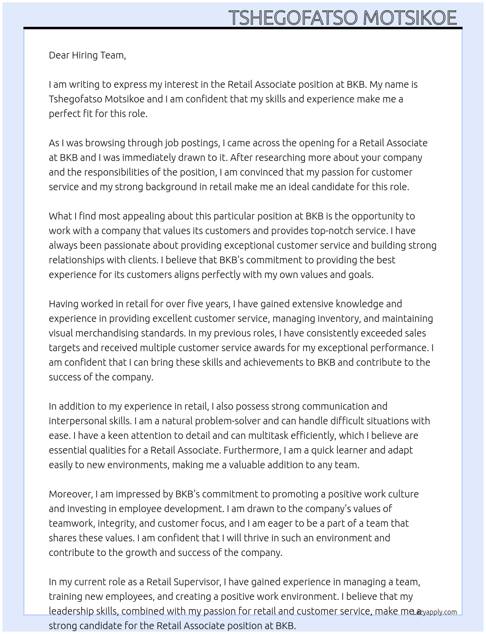 Retail Associate  At BKB Cover Letter