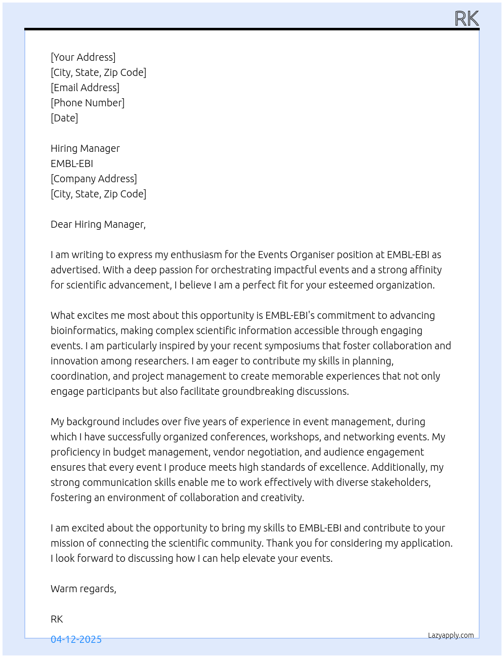 Cover letter for events organiser - LazyApply