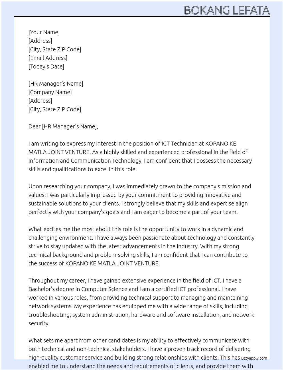 ICT Technician At KOPANO KE MATLA JOINT VENTURE Cover Letter