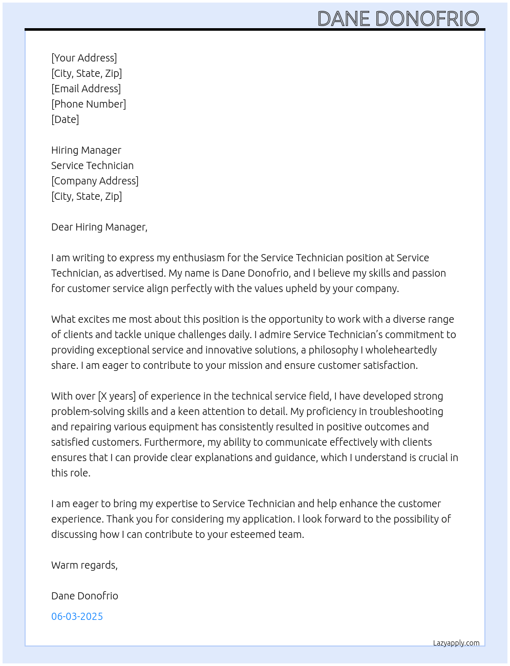 Service Technician At Service technician Cover Letter