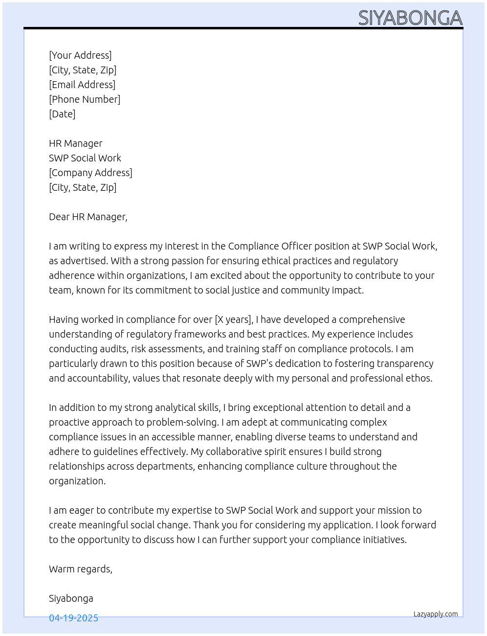 compliance officer At SWP social work Cover Letter