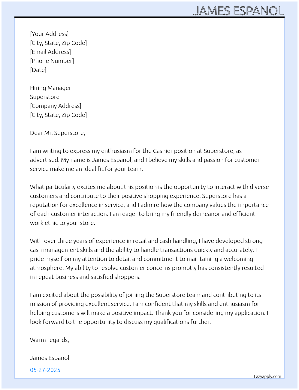 Cashier At Superstore Cover Letter