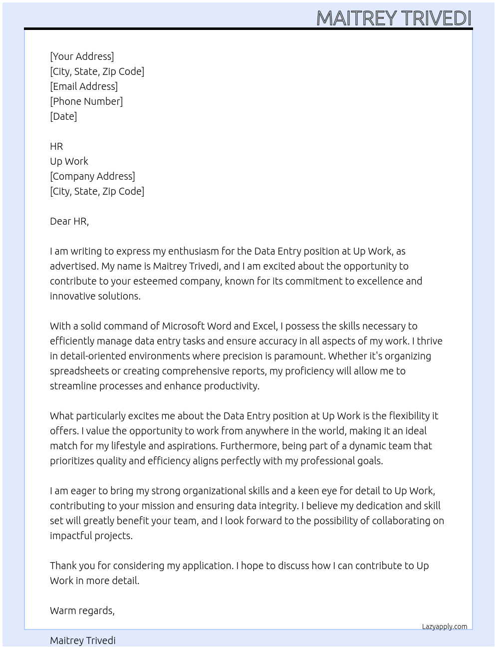 Data entry At Up work Cover Letter