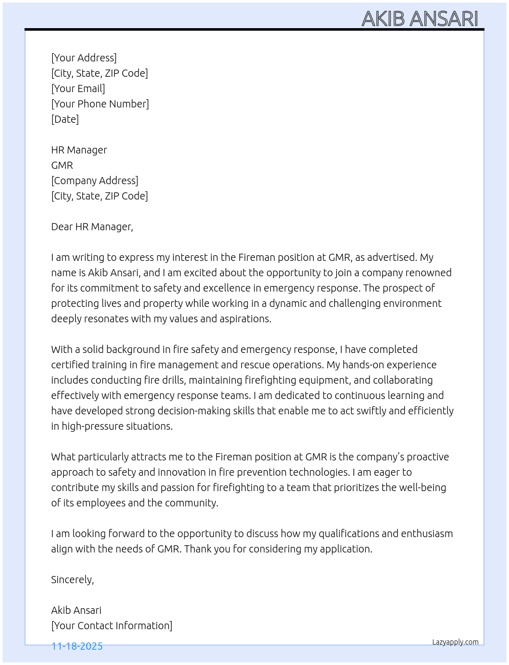 Fireman At GMR Cover Letter