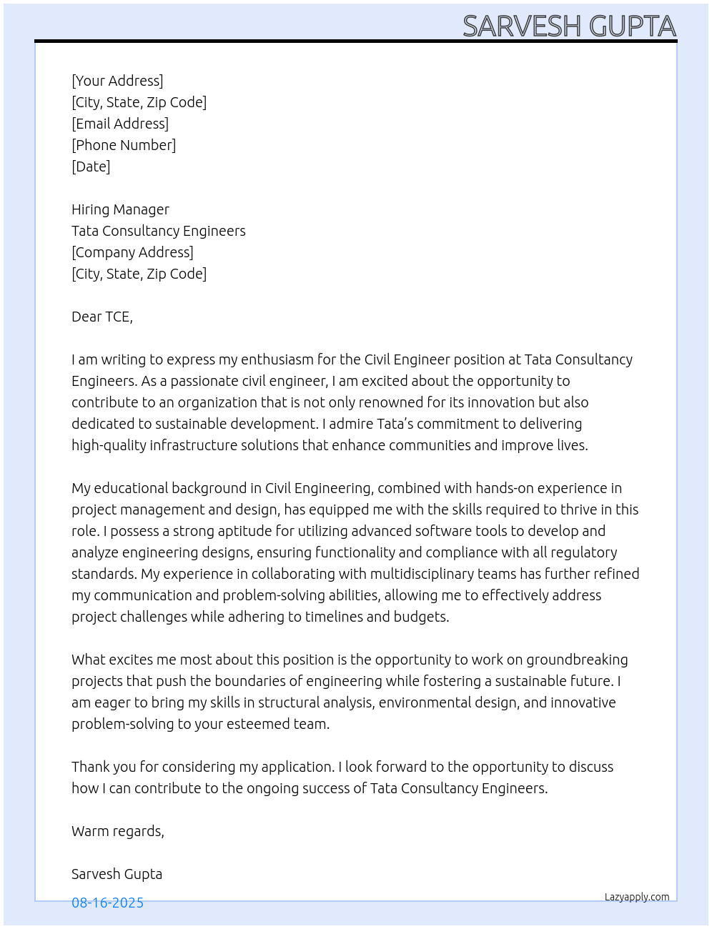 Civil engineer At Tata consultancy engineers Cover Letter