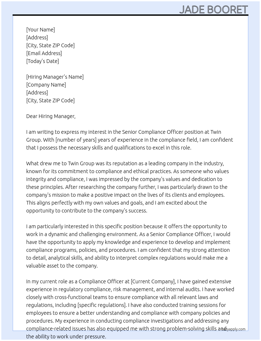 Senior compliance officer At Twin Group Cover Letter