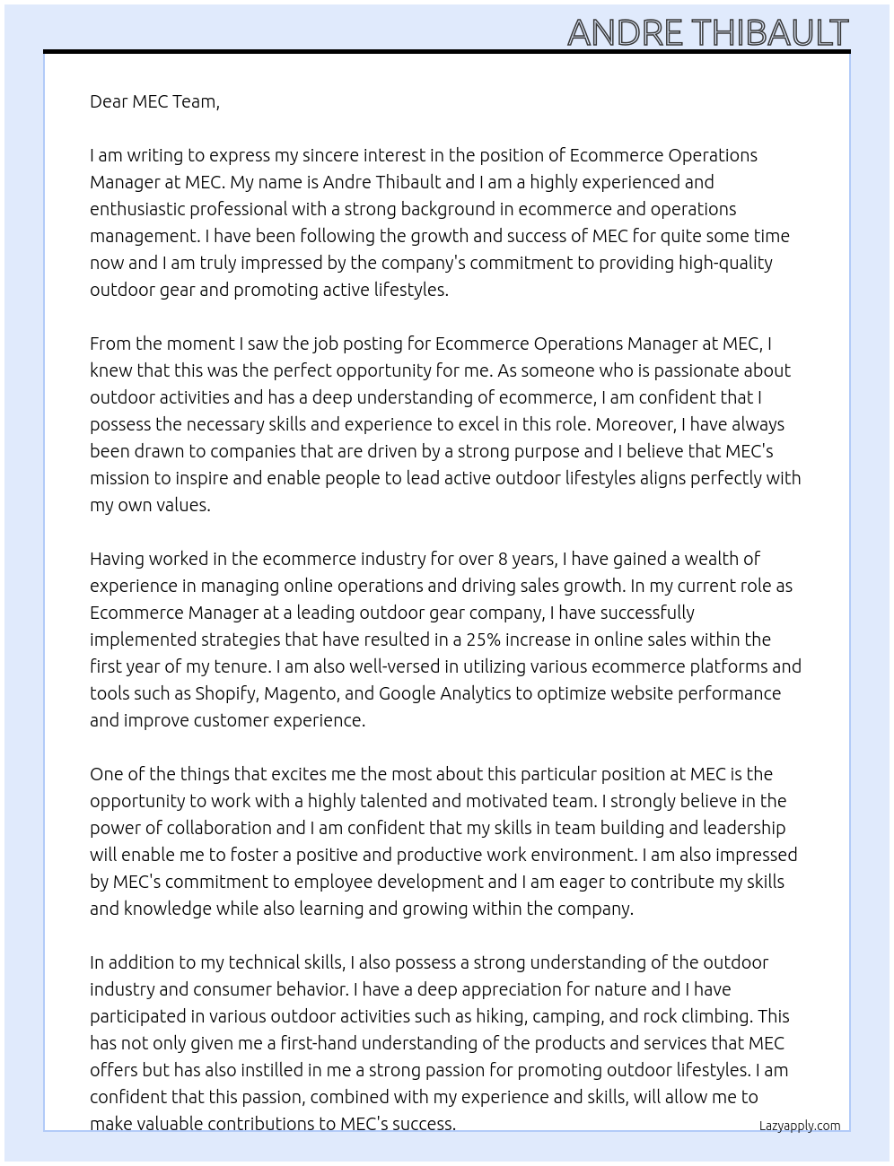 Ecommerce Operations Manager At MEC Cover Letter