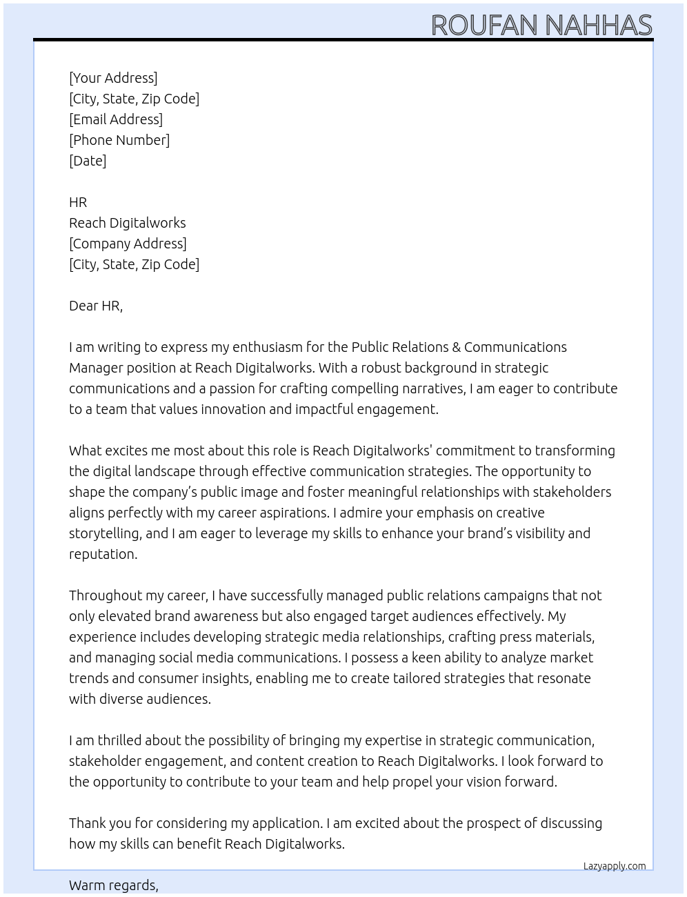 Cover letter for public relations & communications manager - LazyApply