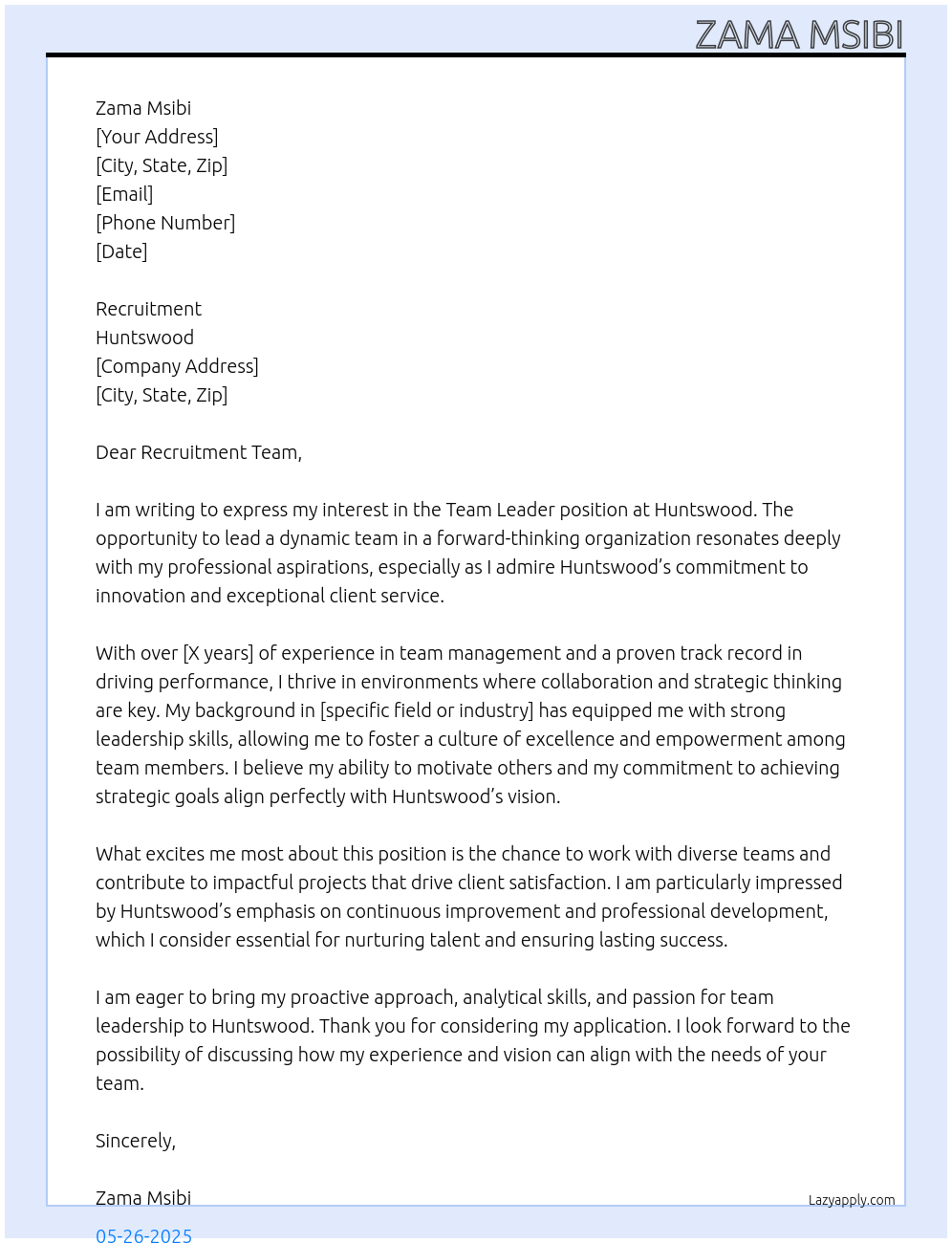 Team leader At huntswood Cover Letter