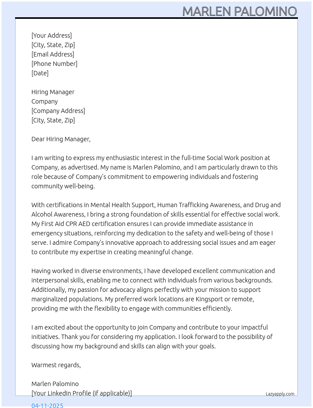 social work At company Cover Letter