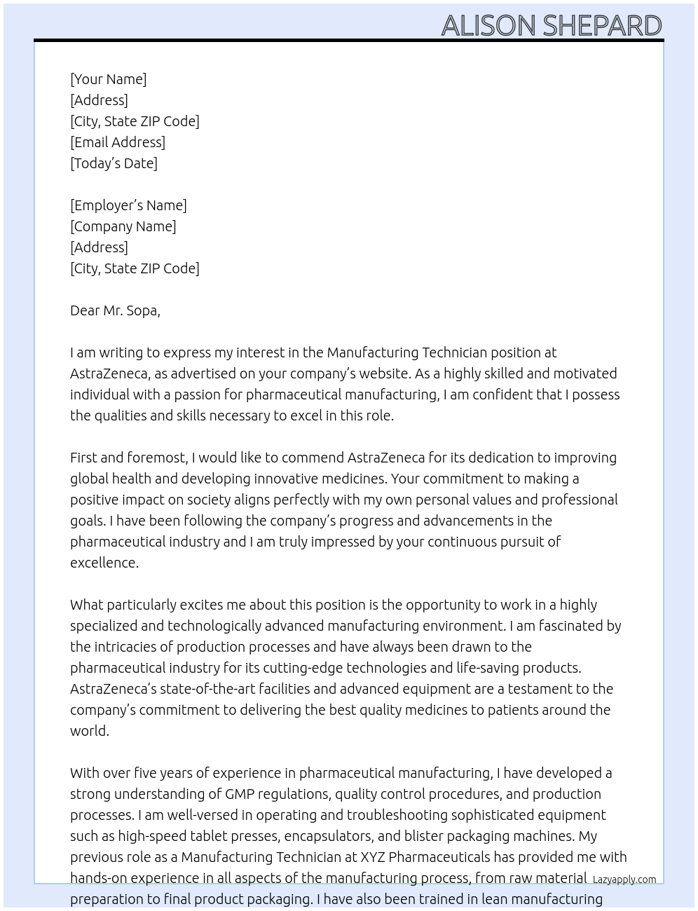 Cover letter for manufacturing technician - LazyApply