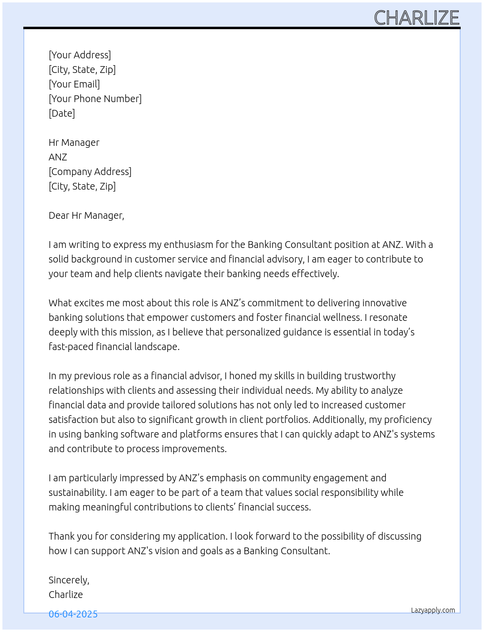 Cover letter for banking consultant - LazyApply