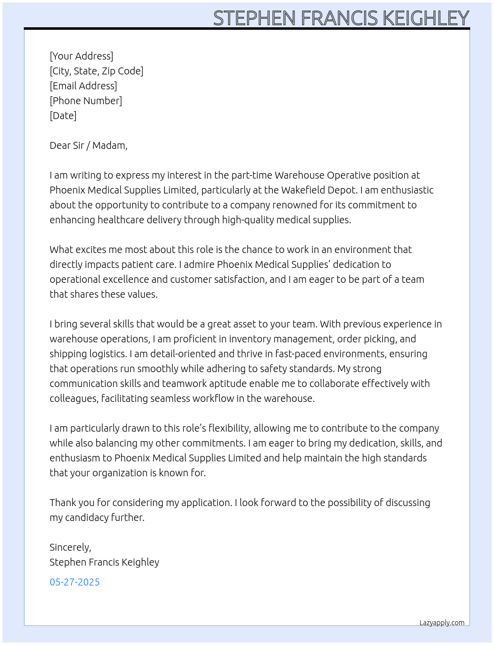 Warehouse Operative At Phoenix Medical Supplies Limited Cover Letter