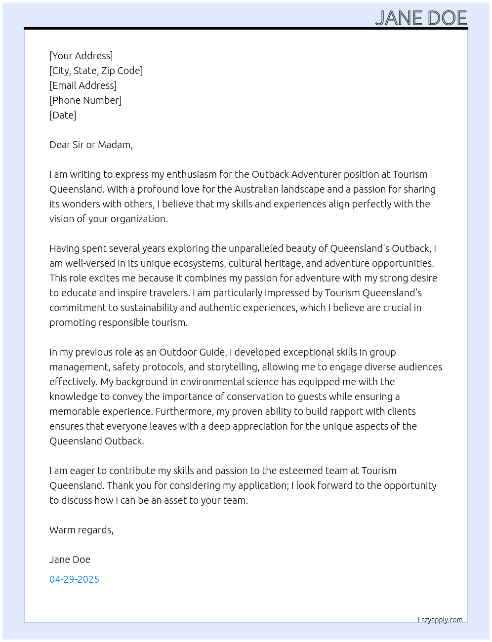 Cover letter for outback adventurer - LazyApply