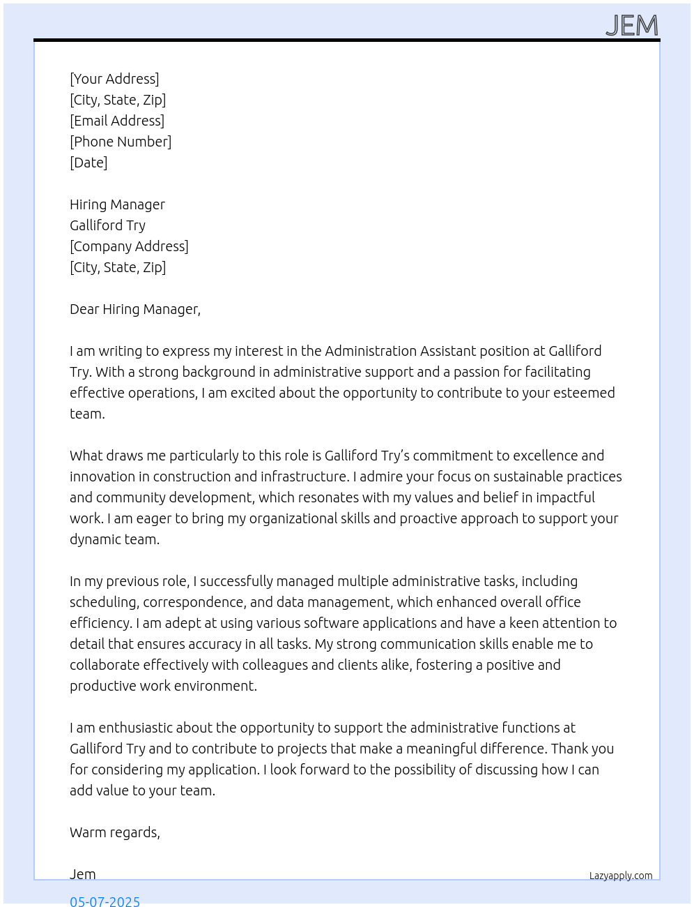 Administration Assistant At Galliford Try Cover Letter