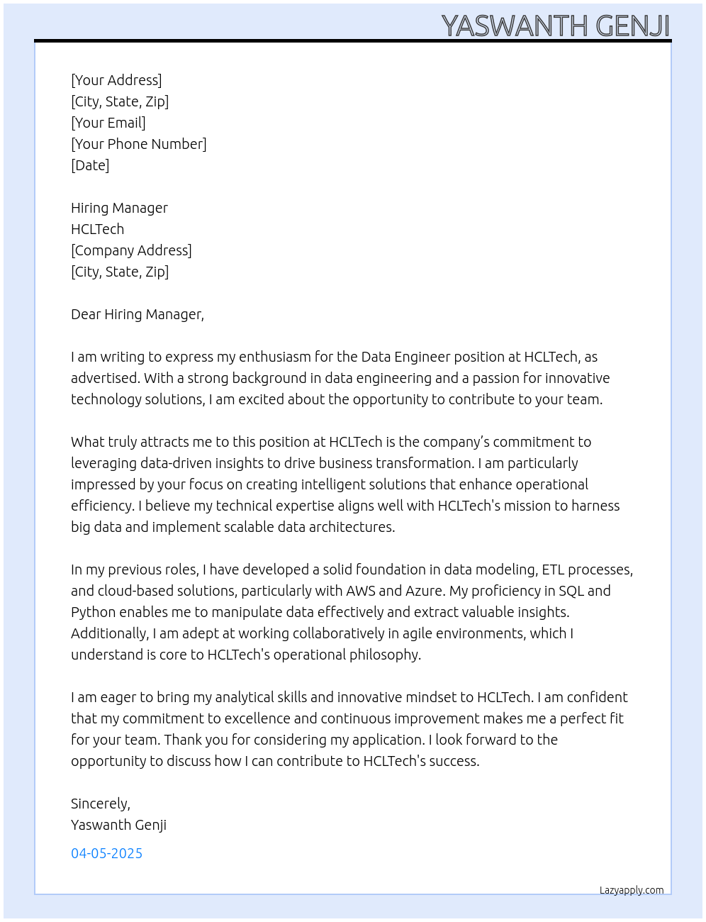 Data Engineer At HCLTech Cover Letter